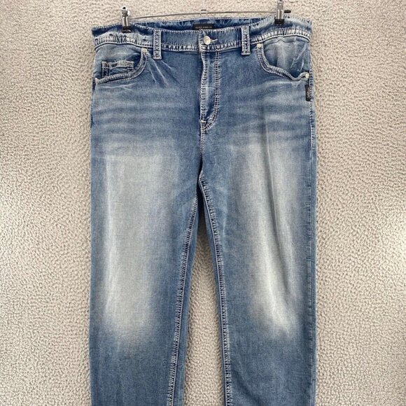 Silver Jeans Mens 40 Grayson Blue Medium Wash Denim Contrast Stitch Distressed
